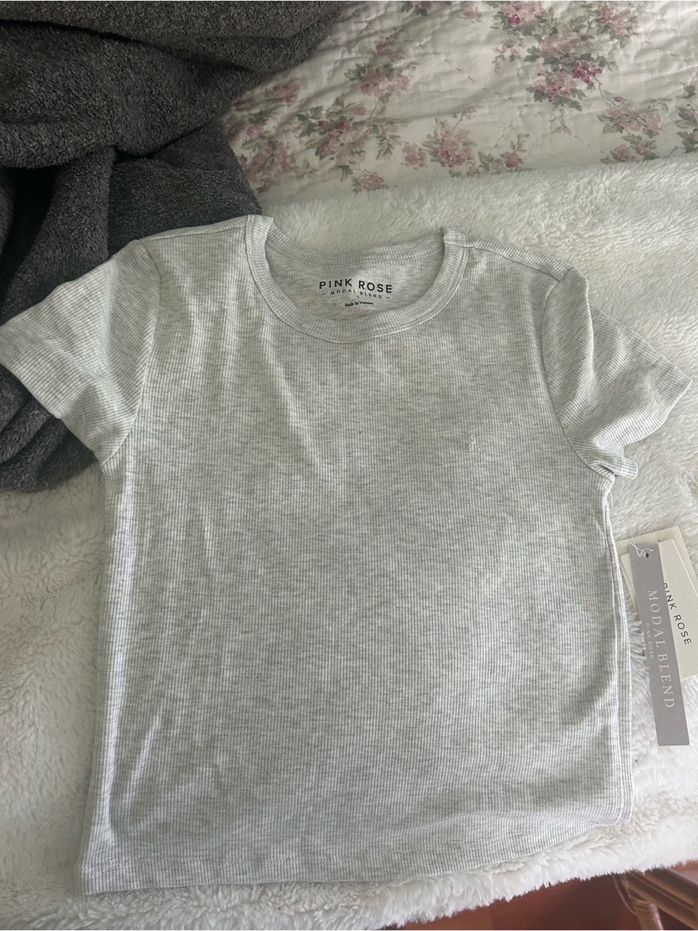 Pink Rose Girls' Light Heather Gray Ribbed Short Sleeve Tee